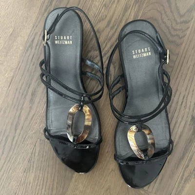 Stuart Weitzman Patent Leather Strappy Wedge Sandal Black with Tortoise Size 9 M - Image 1 of 4