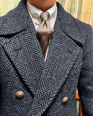 Herringbone Men Overcoats Wool Blend Tweed Long Coats Double Breasted Peak Lapel - Image 1 of 4