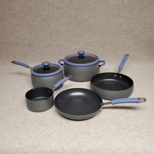Blue Jean Chef 7 Pc. Hard-anodized Non-stick Cookware Set w/Lids Denim Blue NEW - Picture 1 of 22