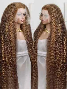 30 32 Inch Curly Brown Ombre Highlight Wig 13x4 HD Lace Front Human Hair Blonde - Picture 1 of 8