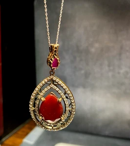 Vintage Sterling Silver Pendant Necklace 925 Cubic Zirconia Red Stone 12.21g - Picture 1 of 8