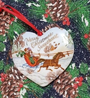 Рождественское украшение Hallmark 1991 Merry Christmas Sweetheart лошадь сани сердце - Изображение 1 из 4
