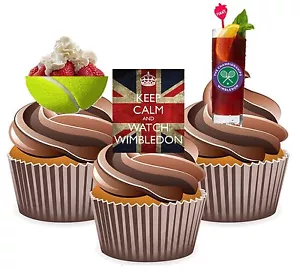 Strawberries Pimm's Tennis Wimbledon Themed 12 Edible Wafer Cup Cake Toppers - Picture 1 of 1