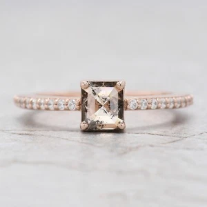 0.87 Ct Emerald Salt And Pepper Diamond Ring 14K Rose Gold Engagement Gift Ring - Picture 1 of 8