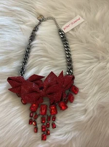 Betsey Johnson Red Sparkly Bow Statement Necklace - Picture 1 of 5