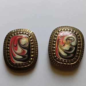 Vintage Earrings, Red, Black, White Swirled and Gold Outside - Picture 1 of 8