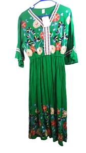 Beautiful Shineflow Green Short Sleeve Mexican Embroidered-Large - Picture 1 of 4