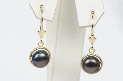 14k Yellow Gold Leverback Dangle Black Natural Pearl Earrings - Image 1 of 4
