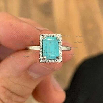 Anillo de piedras preciosas turquesa baguette de 1,45 quilates con halo de diamantes joyas de oro amarillo de 14 k US7 Foto 1 de 2