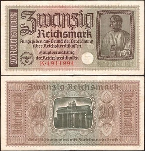 20 Reichsmark 1940-1945 Alemania ocupar. Pick:R139 - Serie: K 4911994 -"F" - F92 - Imagen 1 de 4