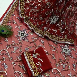 Indian New Sari Red Net/Mesh Hand Embroidered Anamika Khanna Designer Sarees 6yd - Picture 1 of 24