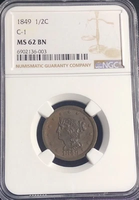 1849 1/2C Braided Hair Half Cent NGC MS-62 Better Date Half Cent Beautiful Coin - Image 1 of 4