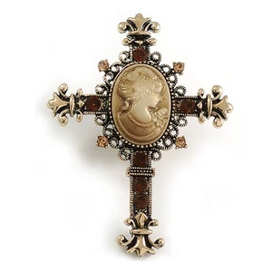Large Victorian Cameo Cross Brooch in Aged Gold Tone - 75mm Tall - Picture 1 of 5
