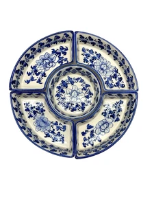 Lazy Susan/Chip & Dip Vintage weiß & blau geteilt Tablett mit 5 Stück Süßigkeiten - Bild 1 von 10