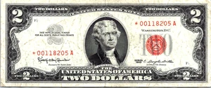 1963  $2 Red Seal (LOW SERIAL # STAR NOTE) Legal Tender  VF-CVF-Fr. 1513* - Picture 1 of 3