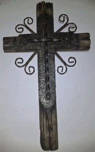 Cruz de pared grande de hierro forjado y madera recuperada de 16" decoración rústica - Imagen 1 de 12