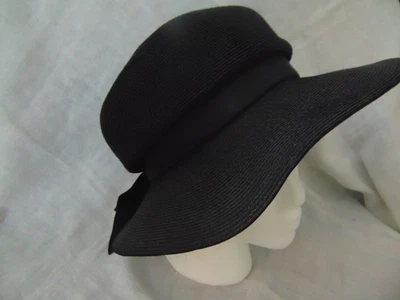 1960s Black Straw Hat w/Wide  Brim- VG- SOPHISTICATED MOD/GoGo-  SALE - Image 1 of 4