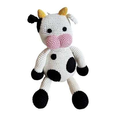 Seated Crocheted Cow Highland Black White Soft Plush Crochet Bambini 26cm 10inch - image 1 of 4