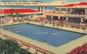 SARASOTA FL LIDO SPIAGGIA PISCINA E CASINÒ 1957 CARTOLINA VINTAGE LINO 051524 T - Foto 1 di 2