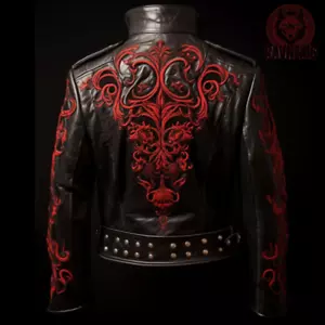 RAVNEXIS Gothic Dragon Black Leather Jacket Red Embroidery Steampunk Military - Picture 1 of 13