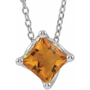 Platinum 4.5x4.5 mm Square Natural Citrine Solitaire 16-18" Necklace - Picture 1 of 2
