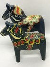 VTG Pair Teal Blue Wooden Dala Horses 8"H, 7"H Grannas Olsson Akta Dalahemslojd