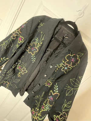 Blazer Chaqueta Vikki Vi Negro Mezcla Lino/Algodón Floral Bordado Forrado Talla 2X Foto 1 de 4