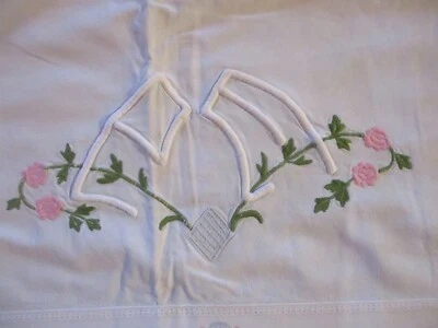 Retour de drap N°78 ancien en coton vert monogramme PM??  fleurs 64 X 200 Cm - Photo 1/4