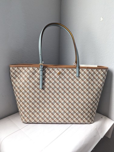 Borsa grande nuova con etichette Tory Burch Geo logo color block top zip allover in nocciola