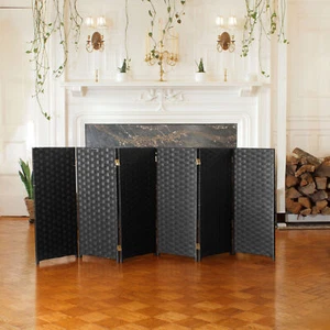 3 ft. Short Woven Fiber Folding Screen - 6 Panel - Black - Picture 1 of 7