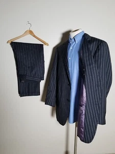 46S Bespoke Wide Chalk Black White Striped 2pc Suit Jacket Pants W44 Flat Front - Picture 1 of 10