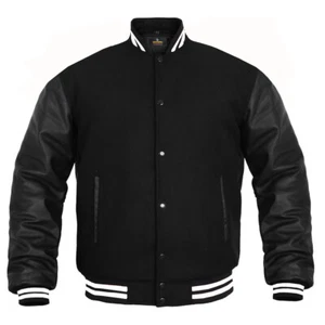 Giacca Varsity Uomo Vera Pelle Mucca Maniche Lana Letterman Giacca College - Foto 1 di 8