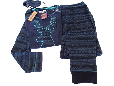 Dearfoams Holiday Pajamas Womens size XL Navy Moose Fair isle Fleece 3-Pc Set - Image 1 of 4