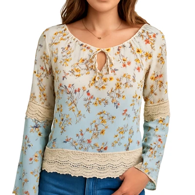 Rue21 Floral Crochet Boho Top S Sheer Long Sleeve Peasant Blouse Festival - Image 1 of 4