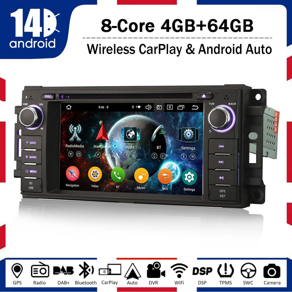 Carplay 8 Kern Android 14 Navi Autoradio Jeep Compass Wrangler Dodge Challenger - Bild 1 von 4