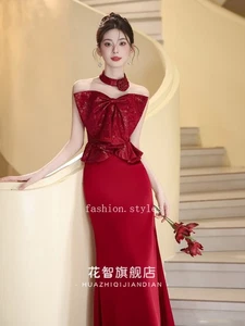 New Dress Bride Red Luxury Dress Luxury Wedding Woman Sleeveless Fishtail Dress - Picture 1 of 25