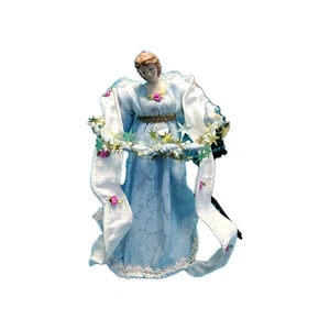 Vintage Angel Christmas Tree Topper Light Blue Floral Gown Gold Belt Wreath  - Picture 1 of 15