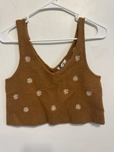 Camiseta corta Madewell grande sin mangas bordado floral cuello en V mostaza/marrón mezcla de lana - Imagen 1 de 9