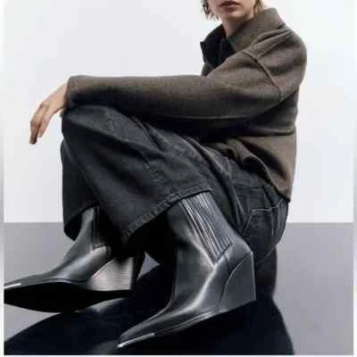ZARA WOMEN'S BLACK LEATHER COWBOY WEDGE ANKLE BOOTS SIZE EU 42 - US 11 - NWT - Image 1 of 4