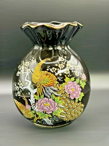 Majestic Vintage Bijutsu Toki Pfauen Vase: Pfingstrosen & schwarze Glasur Schönheit 4,5"H - Bild 1 von 4