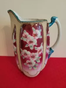 VTG JAPAN MORIAGE 8 1/2" PORCELAIN HANDPAINTED PITCHER FLOWERS - Picture 1 of 6