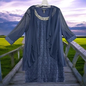 R&M Richards Women's 2 Pieces Metallic Knit Dress Size 14 Blue With Cover - Picture 1 of 9