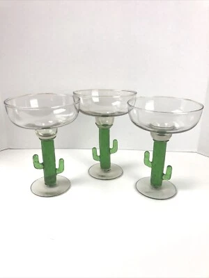 Juego de 3 vasos de margarita vintage mexicanos de vidrio soplado a mano con tallo de cactus 14 oz Foto 1 de 4