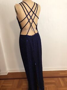 Sexy Royal Blue Beaded Black Silk Strappy ANDRETTA DONATELLO Gown L EUC