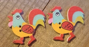 2 Chicken Rooster Shape Sewing Buttons Crafting Wood 2 Hole 1.25" - Picture 1 of 2