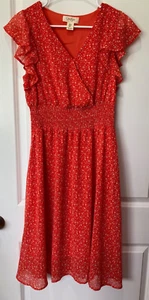 Jessica Simpson Dress Sz M Floral Red  V Neck Wrap Smocked Waist Flutter Sleeves - Picture 1 of 6