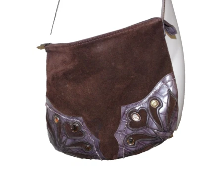 Vintage Braccialini Italy Brown Leather SUEDE Stoned Crossbody Bag - Image 1 of 4