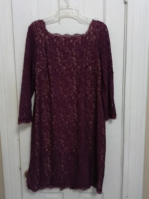 Vestido Adrianna Papell tamanho 16 renda borgonha manga longa coquetel comprimento do joelho D4 - Imagem 1 de 4