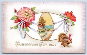 Postal de felicitación de Acción de Gracias c1910 - Flores de crisantemo, pavo, carro de caballos - Imagen 1 de 2