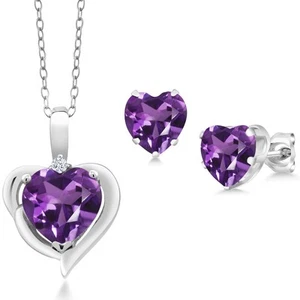 925 Sterling Silver Amethyst Pendant Necklace Earrings Set For Women (3.22 - Picture 1 of 3